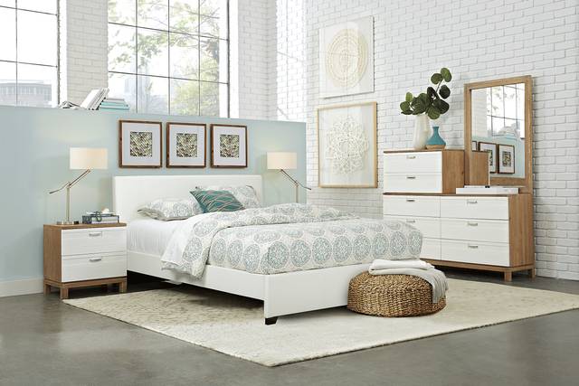 Gardenia Pecan 8 Pc Queen Bedroom with White Upholstered Bed - Thumbnail - Image 1