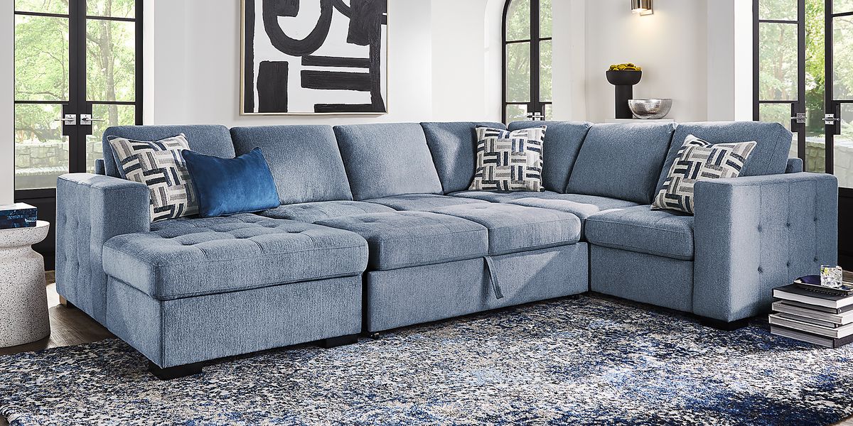 Geneva 6 Pc Blue Textured Living Room Set With 3 Pc Laf Storage Sleeper ...