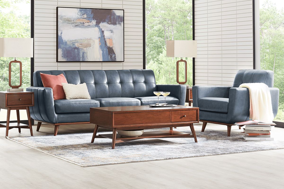 Greyson 2 Pc Blue Leather Living Room Set With Sofa, Loveseat Rooms to Go