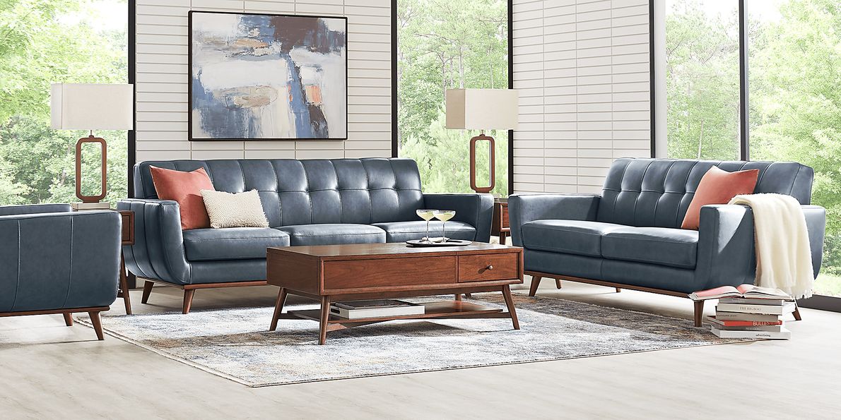 Greyson 3 Pc Blue Leather Living Room Set With Sofa, Loveseat, Chair