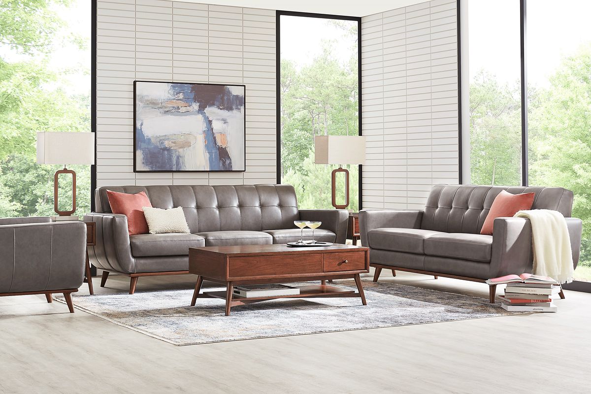 Greyson 3 Pc Gray Leather Living Room Set With Sofa, Loveseat, Chair