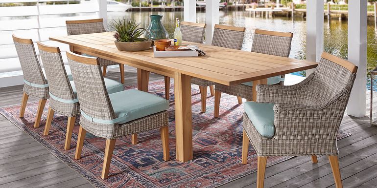 Cindy Crawford Home Hamptons Cove Teak 9 Pc Rectangle Outdoor Dining Set with Seafoam Cushions