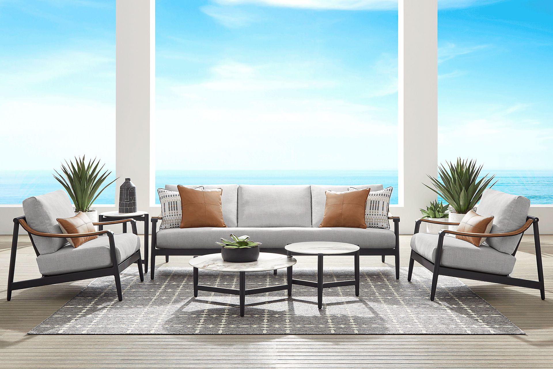 Harlowe Black 3 Pc Outdoor Seating Set with Dove Cushions - Image 1