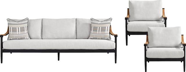 Harlowe Black 3 Pc Outdoor Seating Set with Dove Cushions - Thumbnail - Image 1