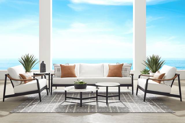 Harlowe Black 3 Pc Outdoor Seating Set with White Cushions - Thumbnail - Image 1