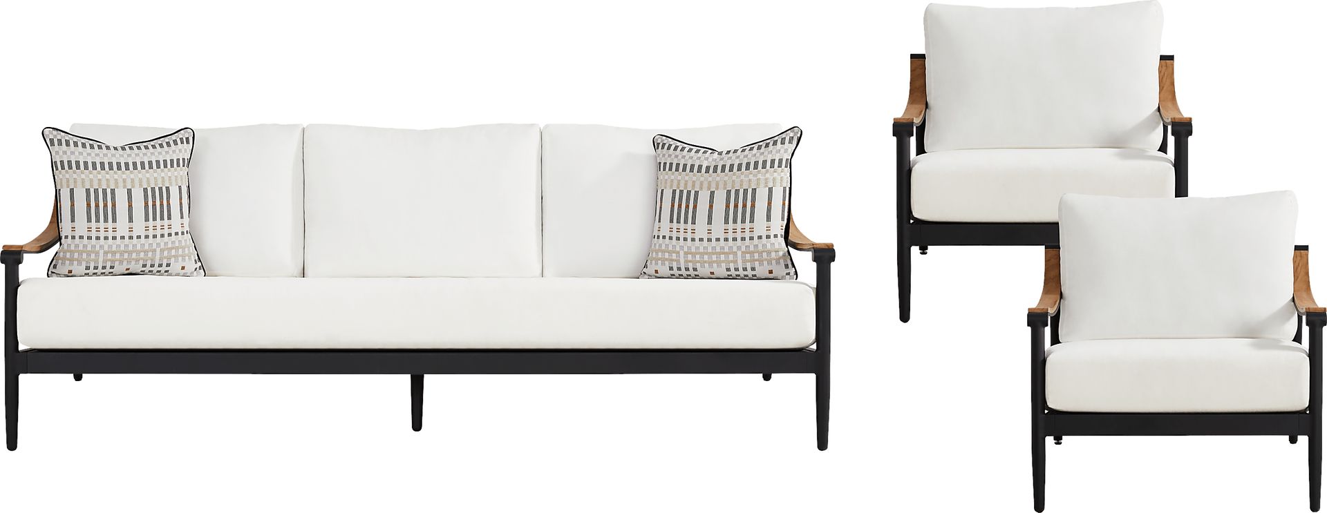 Harlowe Black 3 Pc Outdoor Seating Set with White Cushions - Image 1