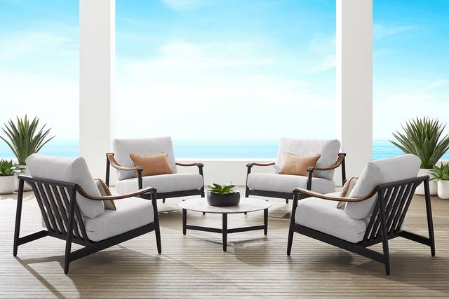 Harlowe Black 5 Pc Outdoor Chat Set with Dove Cushions - Thumbnail - Image 1