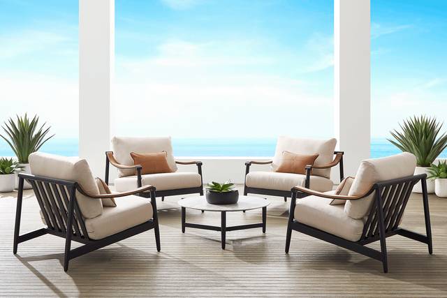 Harlowe Black 5 Pc Outdoor Chat Set with Flax Cushions - Thumbnail - Image 1
