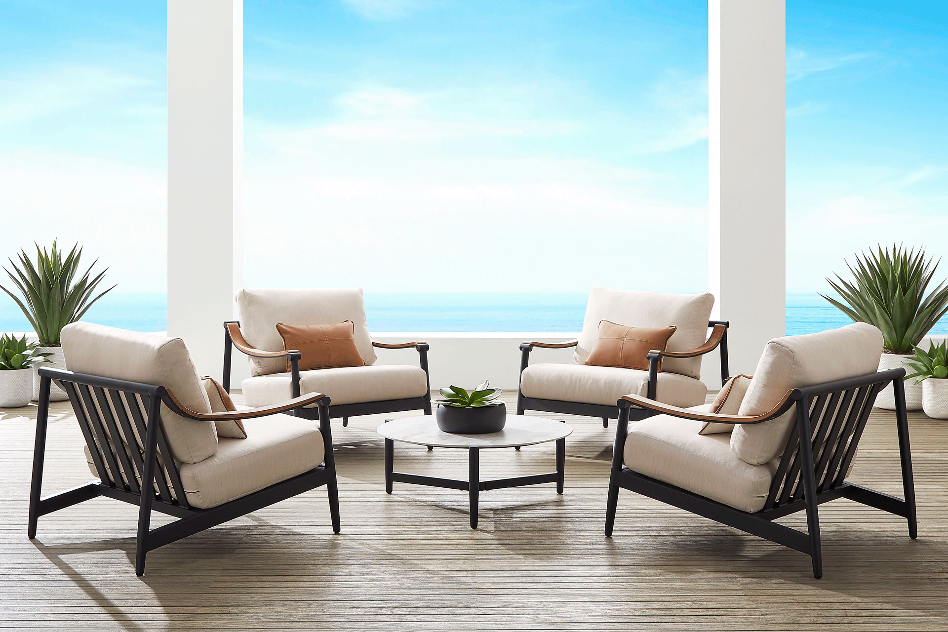 Harlowe Black 5 Pc Outdoor Chat Set with Flax Cushions - Image 1