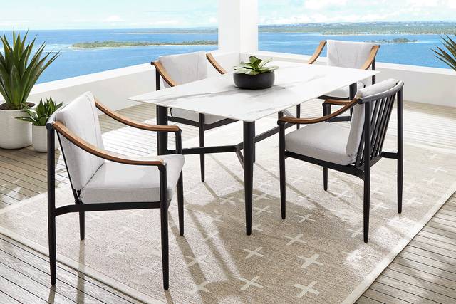 Harlowe Black 5 Pc Outdoor Rectangle Dining Set with Dove Cushions - Thumbnail - Image 1