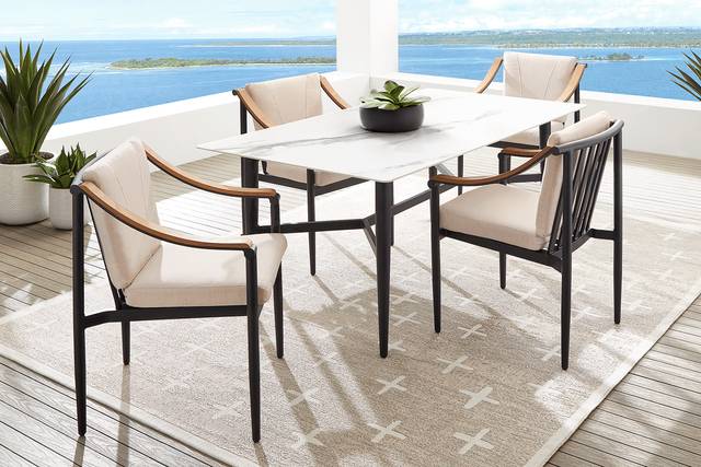 Harlowe Black 5 Pc Outdoor Rectangle Dining Set with Flax Cushions - Thumbnail - Image 1