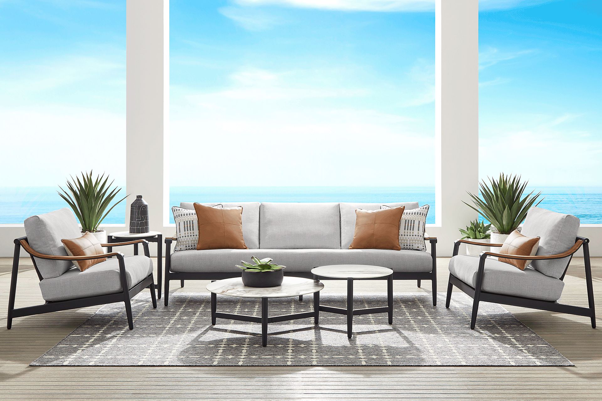 Harlowe Black 5 Pc Outdoor Seating Set with Dove Cushions - Image 1
