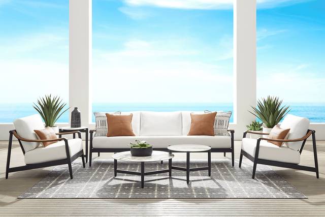 Harlowe Black 5 Pc Outdoor Seating Set with White Cushions - Thumbnail - Image 1