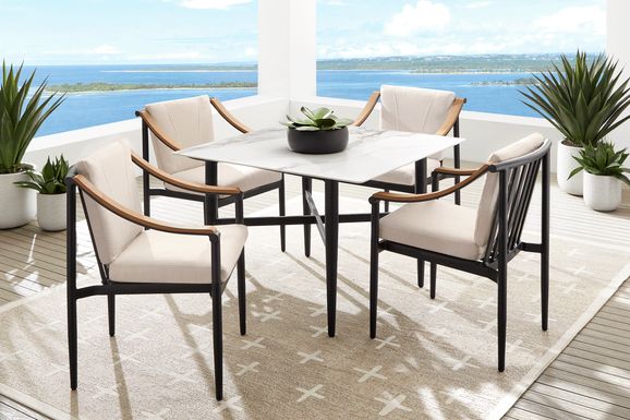 Harlowe Black 5 Pc Outdoor Square Dining Set with Flax Cushions