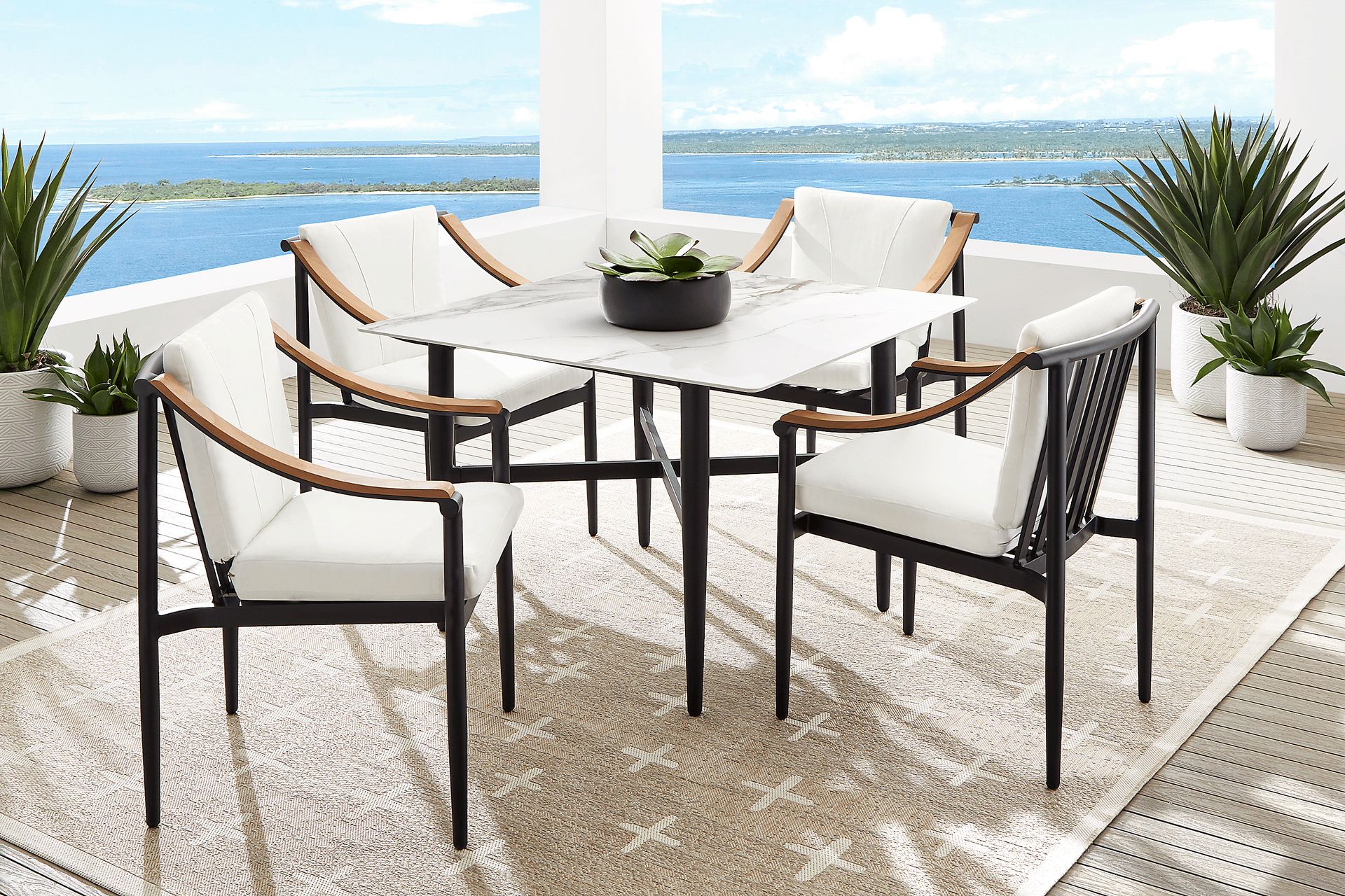 Harlowe Black 5 Pc Outdoor Square Dining Set with White Cushions - Image 1