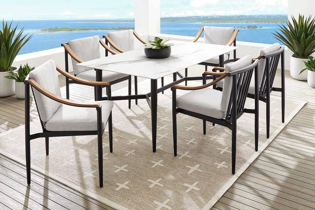 Harlowe Black 7 Pc Outdoor Rectangle Dining Set with Dove Cushions - Thumbnail - Image 1