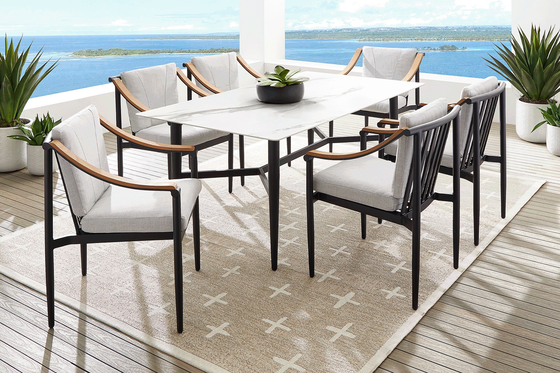 Harlowe Black 7 Pc Outdoor Rectangle Dining Set with Dove Cushions - Image 1
