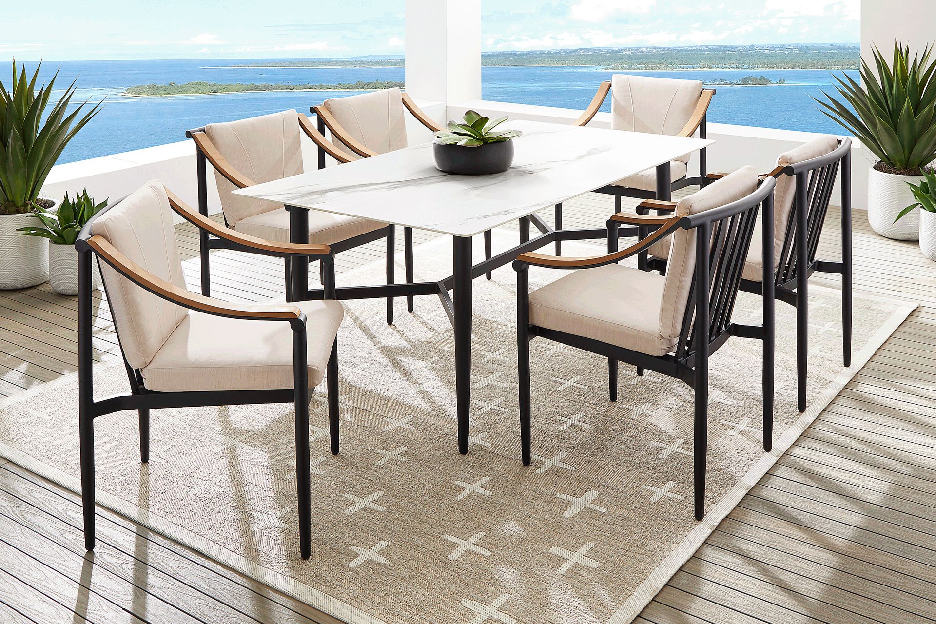 Harlowe Black 7 Pc Outdoor Rectangle Dining Set with Flax Cushions - Image 1
