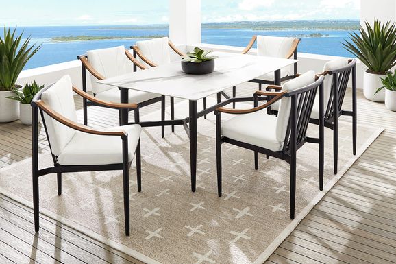 Harlowe Black 7 Pc Outdoor Rectangle Dining Set with White Cushions