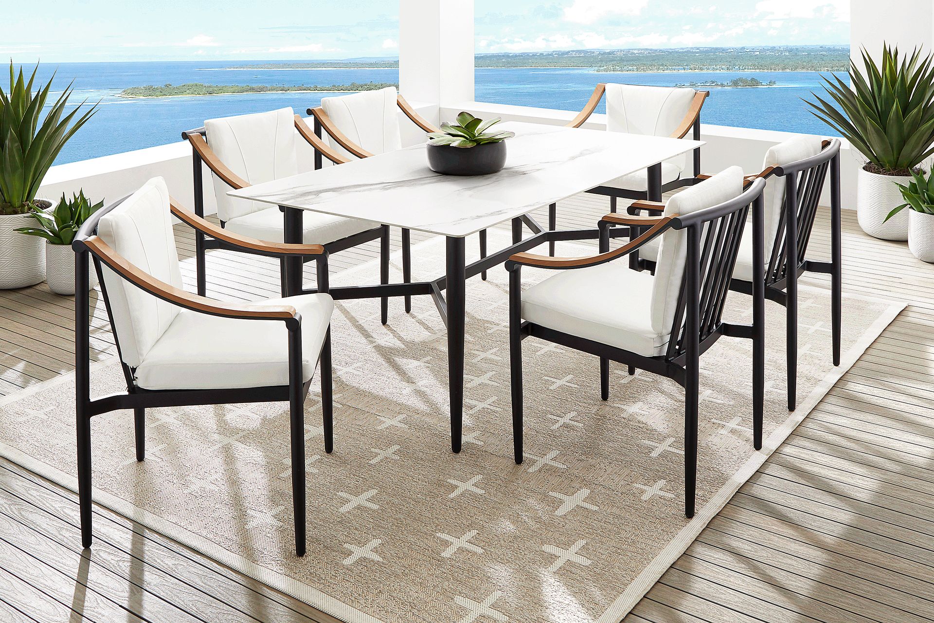 Harlowe Black 7 Pc Outdoor Rectangle Dining Set with White Cushions - Image 1