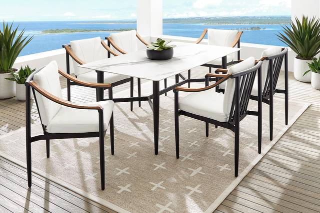 Harlowe Black 7 Pc Outdoor Rectangle Dining Set with White Cushions - Thumbnail - Image 1