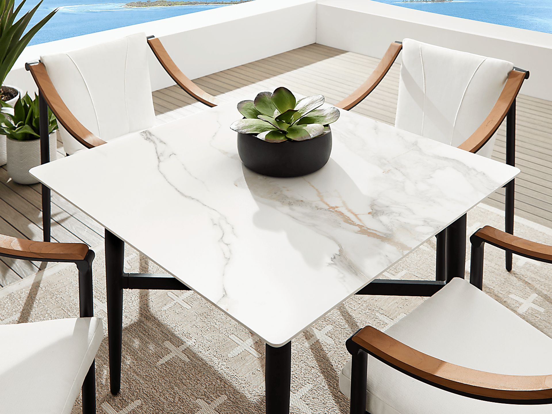 Harlowe Black 5 Pc Outdoor Square Dining Set with Dove Cushions - Image 3