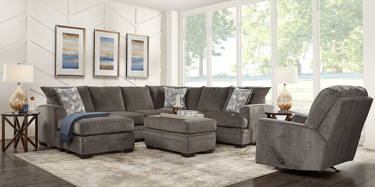 Harold Square 4 Pc Pewter Gray Chenille Fabric Living Room Set With 3 ...