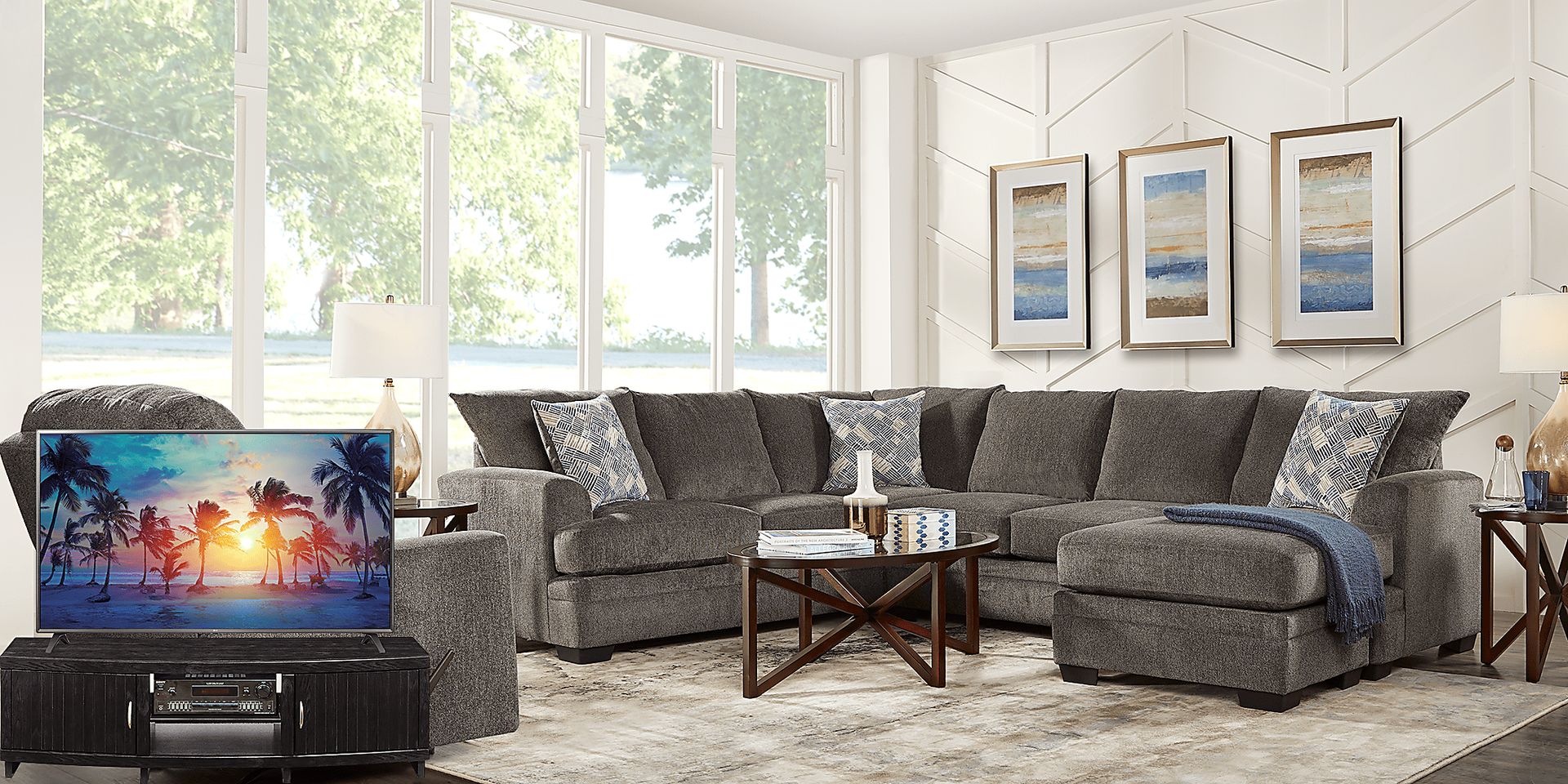 Harold Square Pewter 7 Pc Sectional Living Room Plus 65 in. TV - Image 1