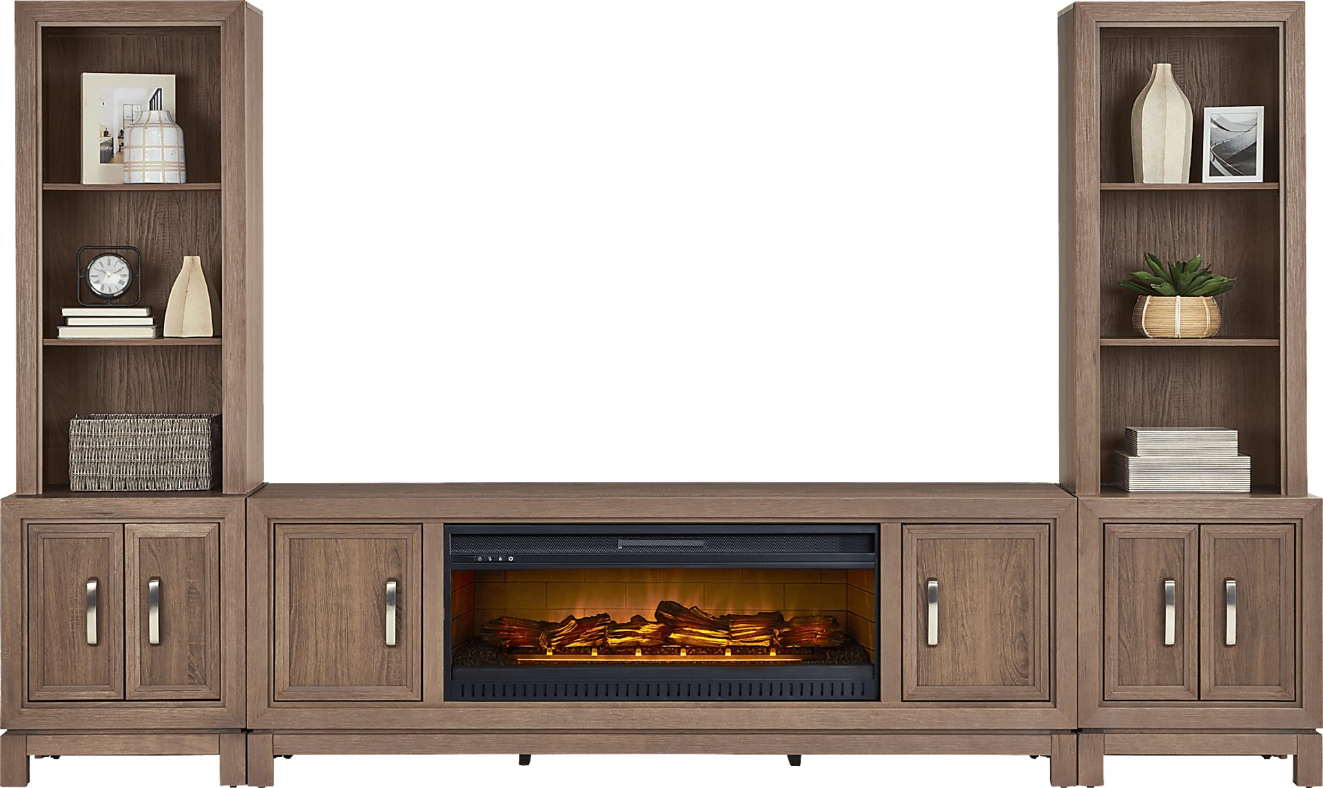 Hartney Mill 6 Pc Brown Wall Unit with 80 in. Console and Electric Log Fireplace - Image 2