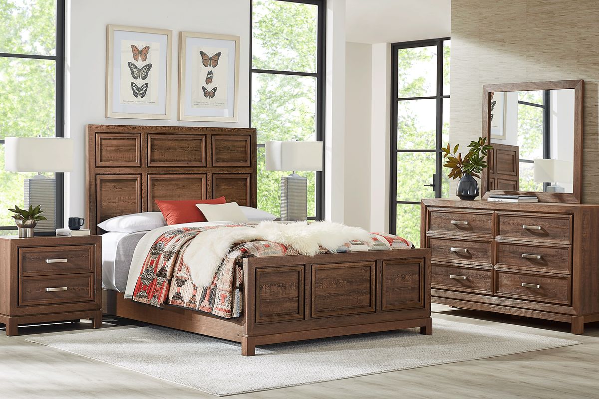 Hartney MILL 7 Pc Brown Dark Wood Queen Bedroom Set With Dresser, Mirror, 3 Pc Queen Bed ...