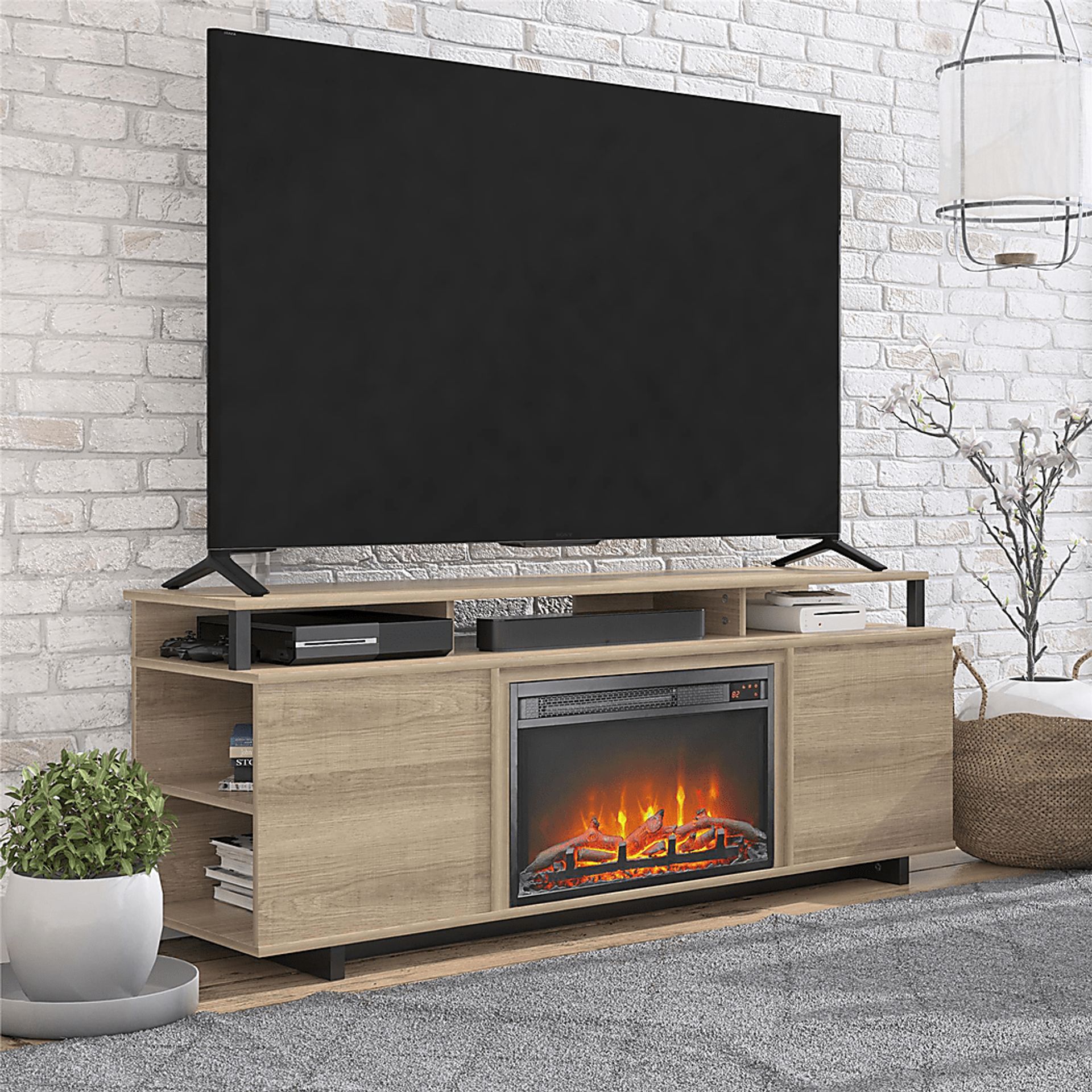 Haugo Brown 59 in. Console with Electric Fireplace - Image 7