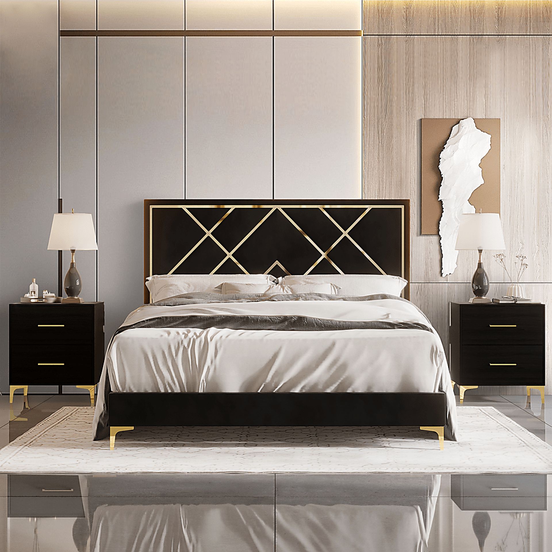 Havenway Black King Bed with 2 Nightstands - Image 2