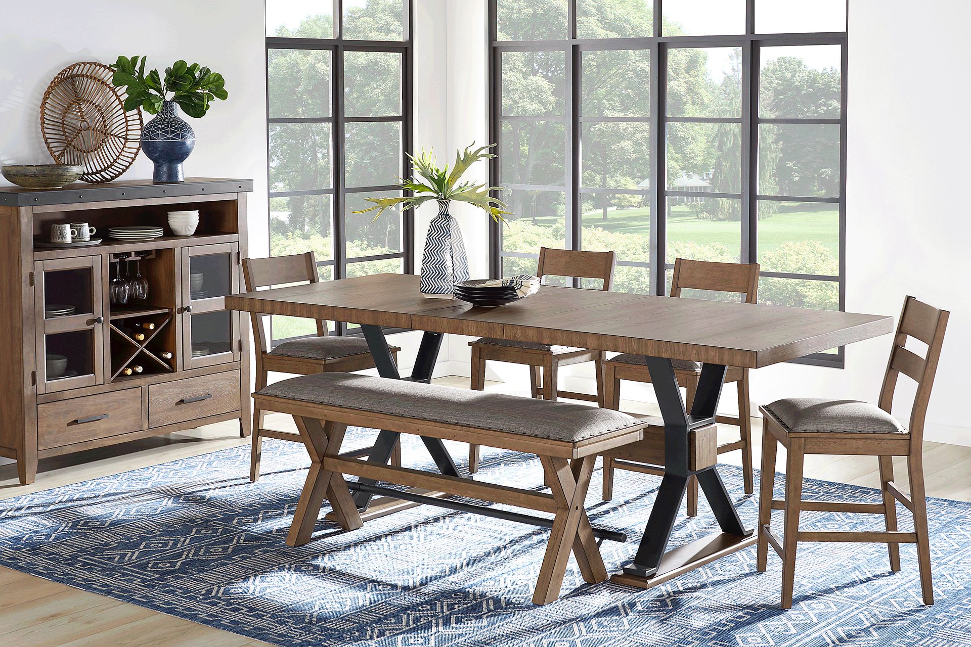 Hazelnut Woods Brown 6 Pc Counter Height Dining Room with Ladder Back Stools and Bench - Image 1