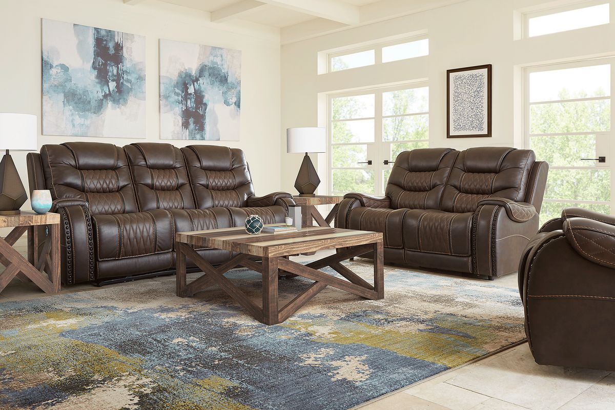 Headliner 7 Pc Brown Leather Non-Power Reclining Living Room Set With ...