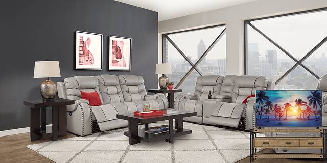 Headliner Gray Leather 8 Pc Living Room with Reclining Sofa Plus 70 in. TV - Thumbnail - Image 1