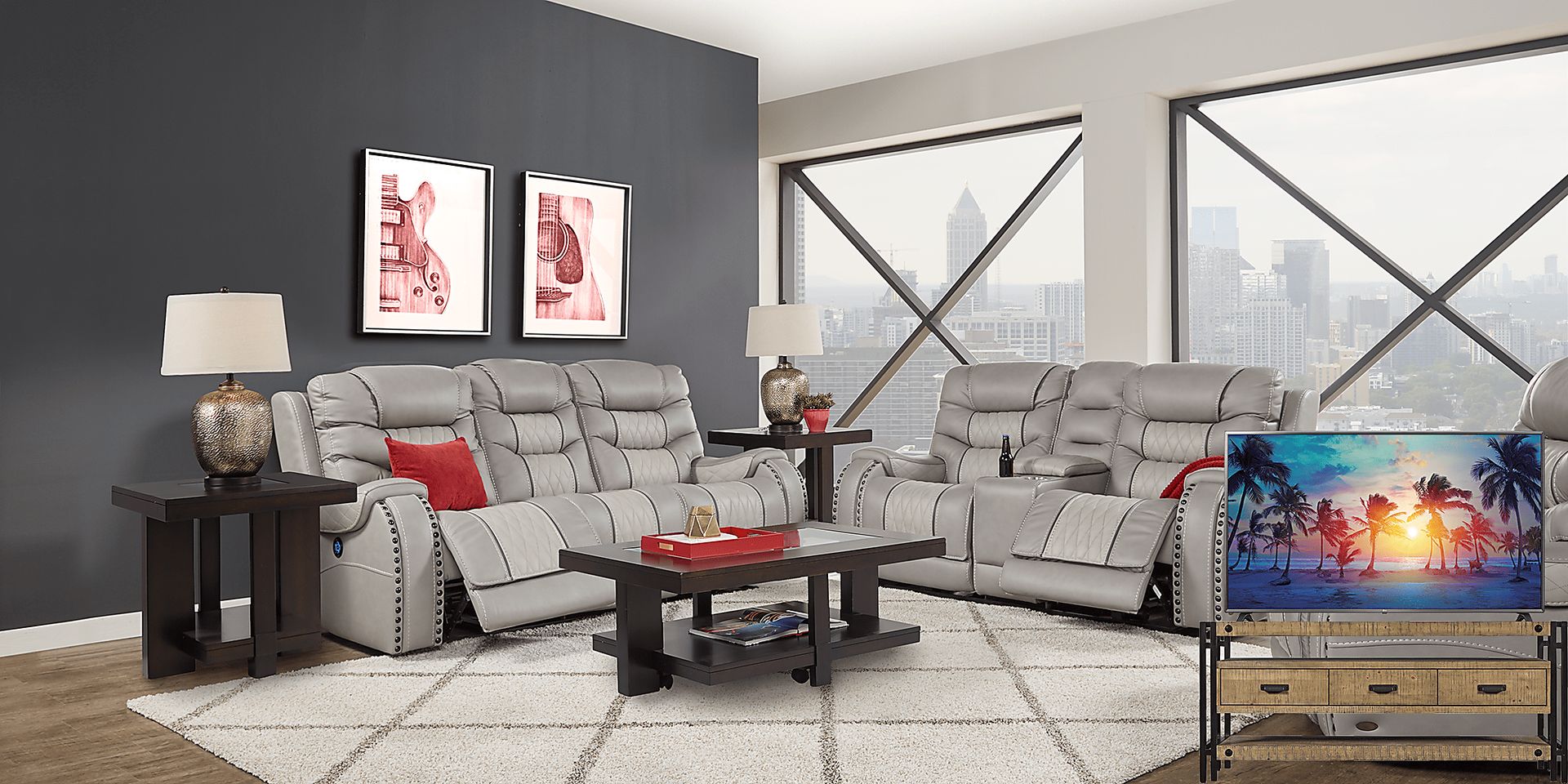 Headliner Gray Leather 8 Pc Living Room with Reclining Sofa Plus 70 in. TV - Image 1