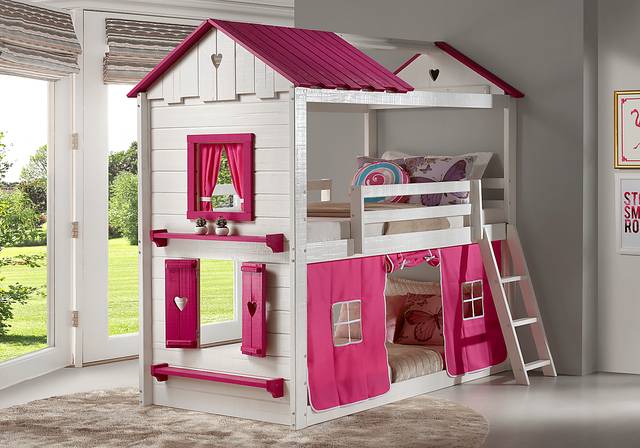 Heartbeat Cottage White Twin/Twin Bunk Bed with Pink Fabric - Thumbnail - Image 2