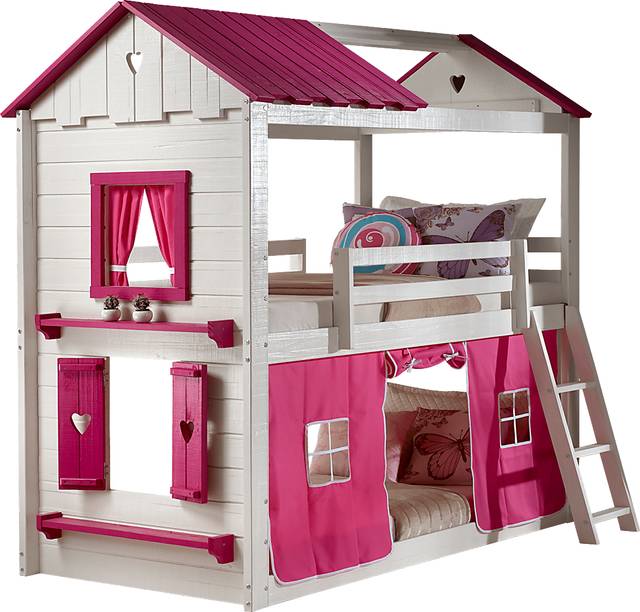 Heartbeat Cottage White Twin/Twin Bunk Bed with Pink Fabric - Thumbnail - Image 1