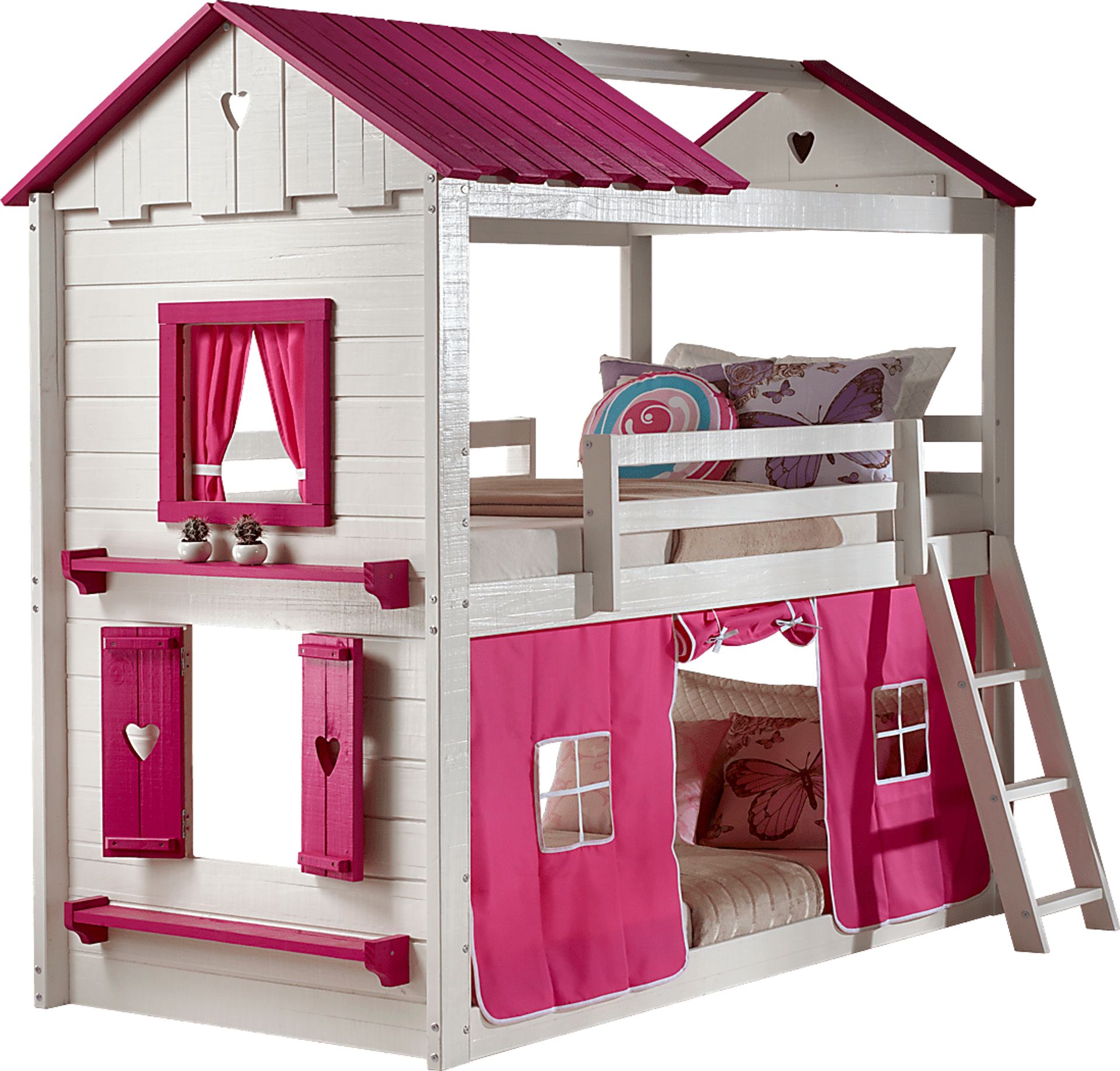 Heartbeat Cottage White Twin/Twin Bunk Bed with Pink Fabric - Image 1