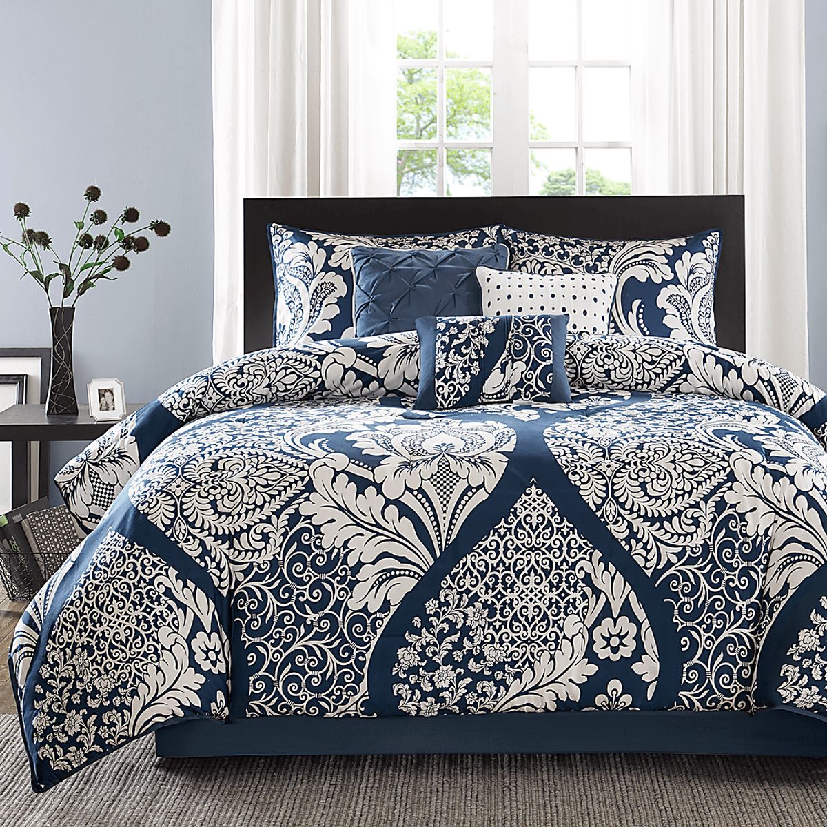 Hedwige Blue Cotton,Polyester Fabric 7 Pc California King Comforter Set ...