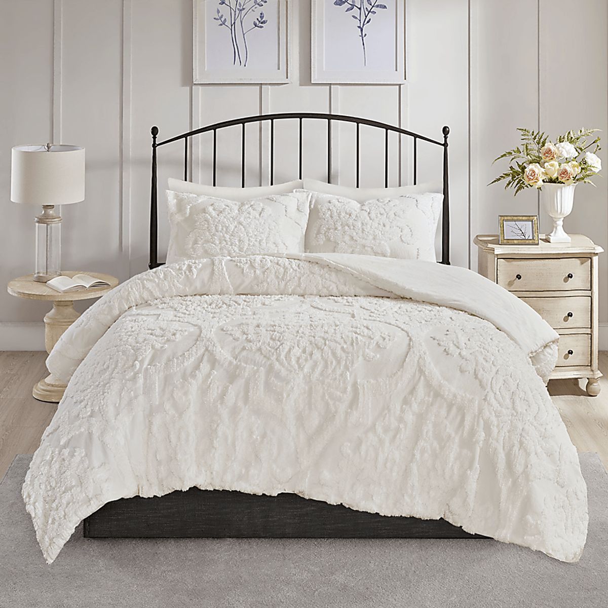 Hendee White Cotton,Polyester Fabric 3 Pc Full/Queen Comforter Set ...