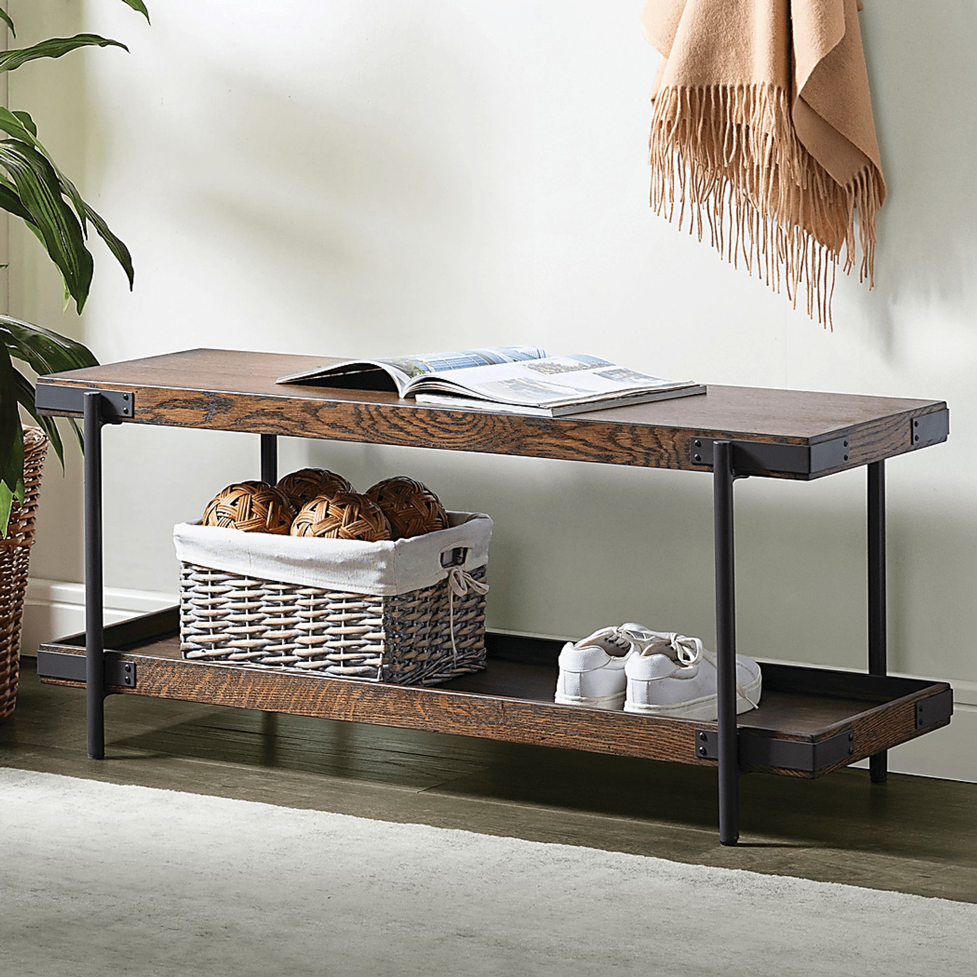 Herontye Brown Bench with Shelf - Image 2
