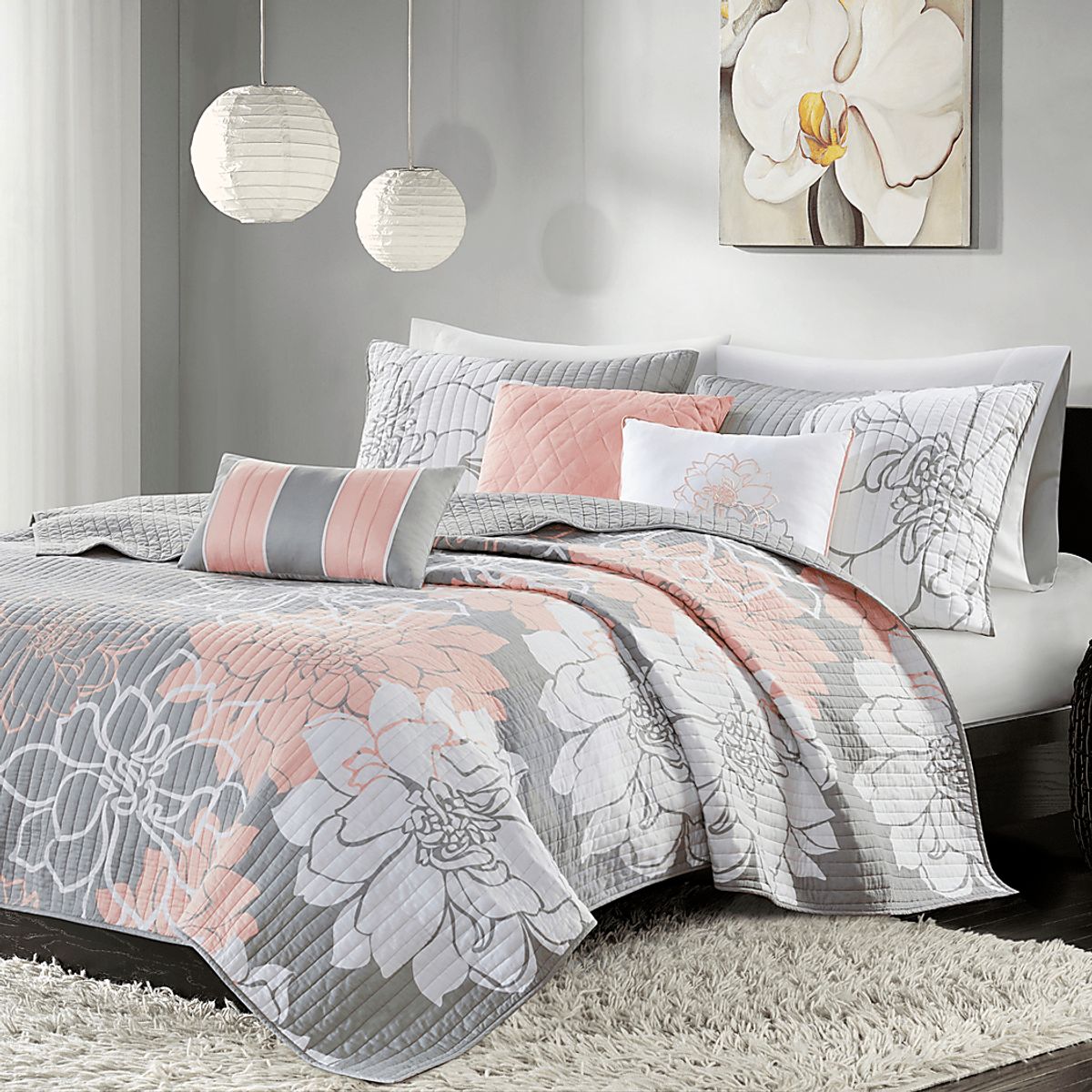 Heslep Peach Orange Cotton Fabric 6 Pc Full/Queen Quilt Set