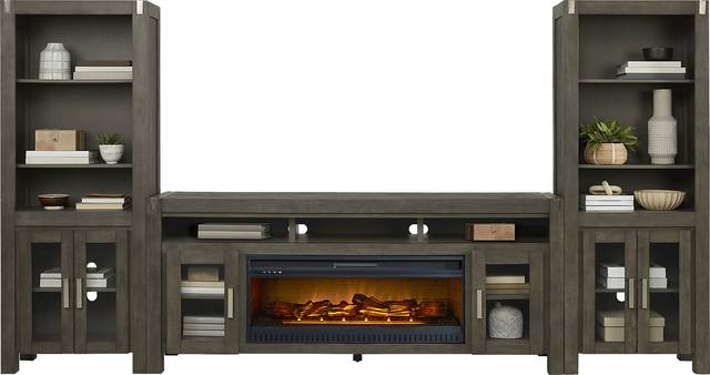 Hidden Springs II Gray 4 Pc Wall Unit with 80 in. Console and Electric Log Fireplace - Thumbnail - Image 2