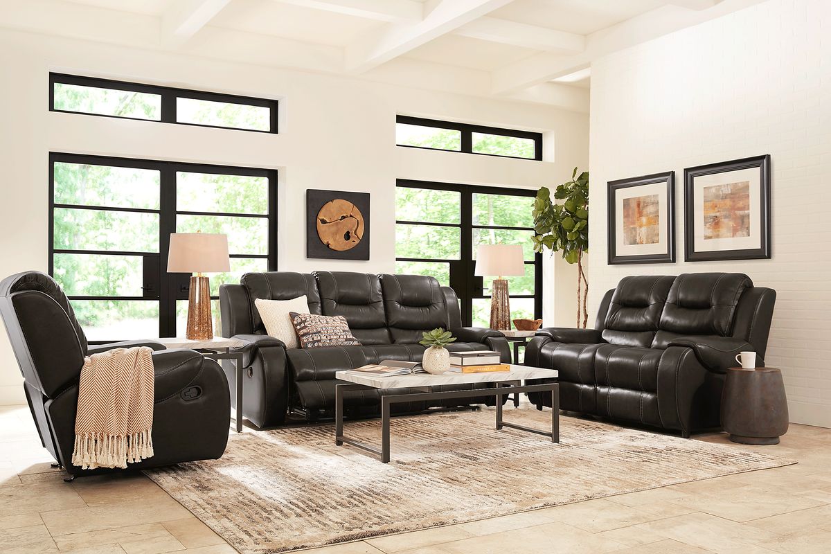 High Plains 2 Pc Black Leather Manual Reclining Classic Living Room ...