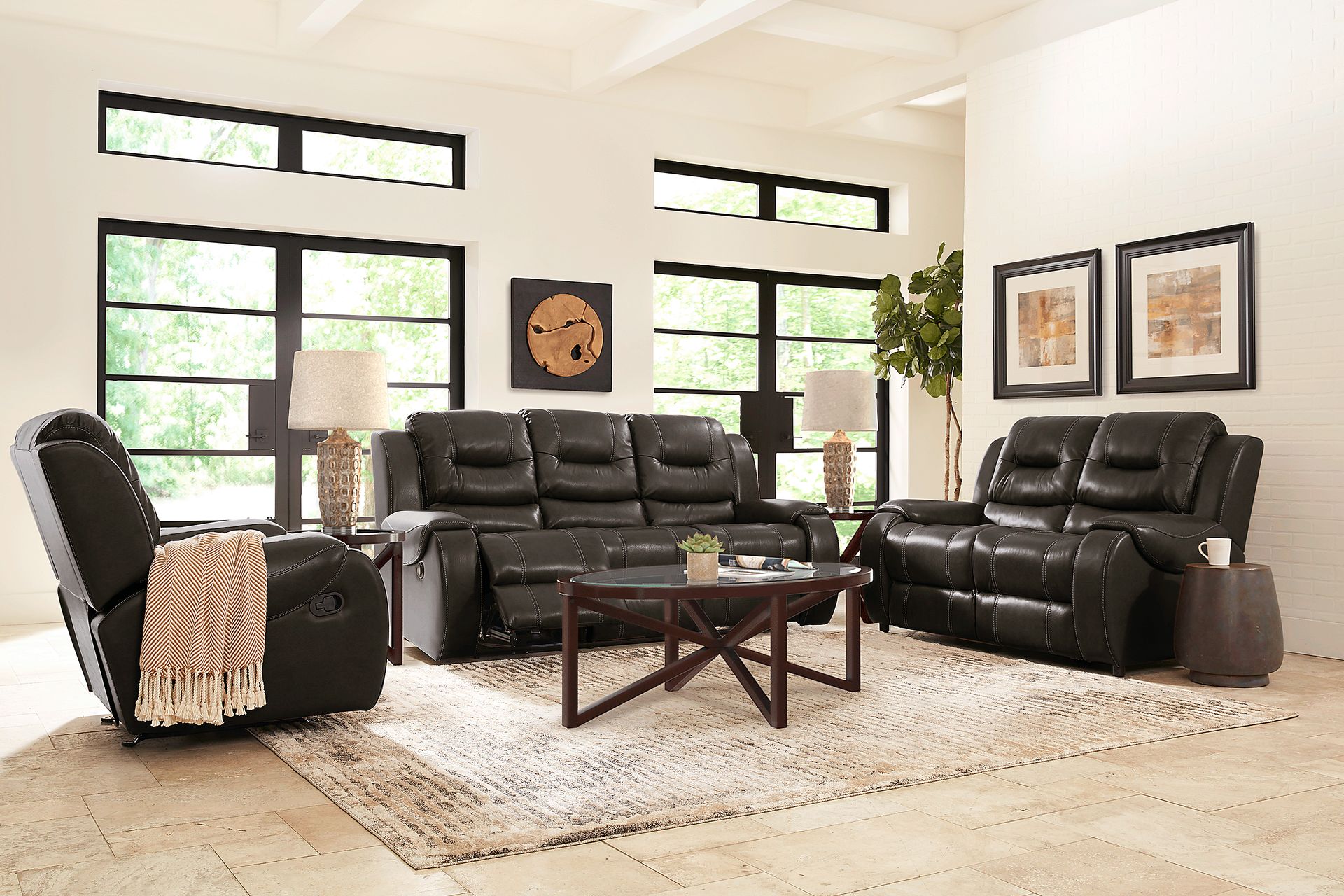 High Plains Black Leather 3 Pc Living Room with Reclining Sofa - Image 1
