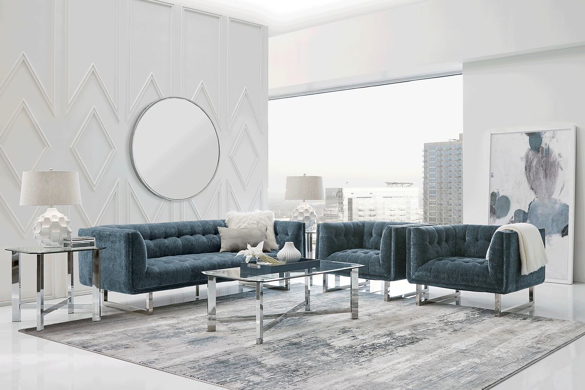 High Rise 2 Pc Blue Microfiber Living Room Set With Sofa, Chair Rooms