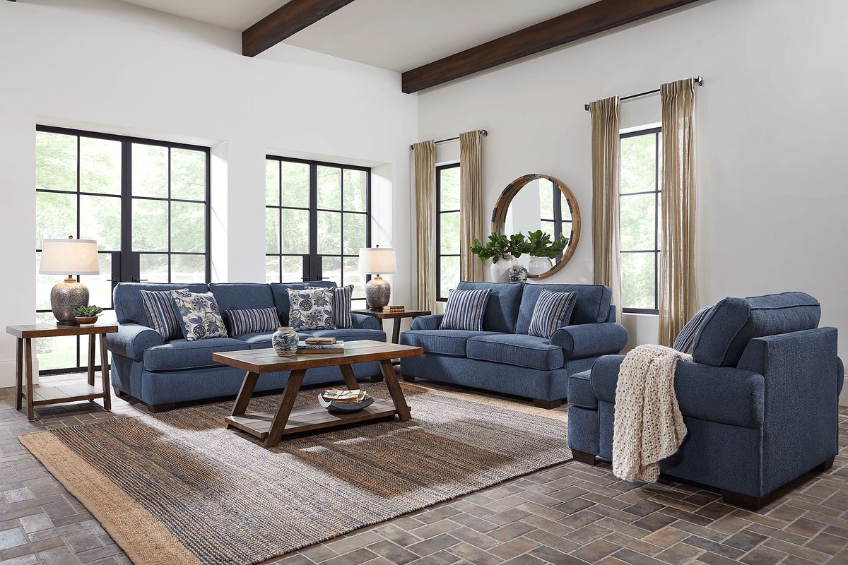 Highland Lakes 7 Pc Blue Polyester Fabric Living Room Set With