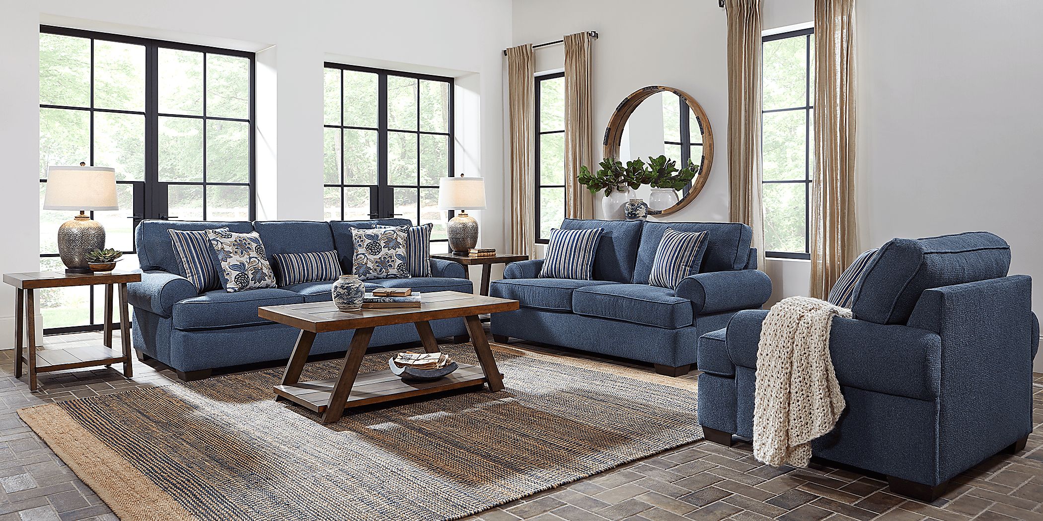 Highland Lakes 7 Pc Blue Polyester Fabric Living Room Set With