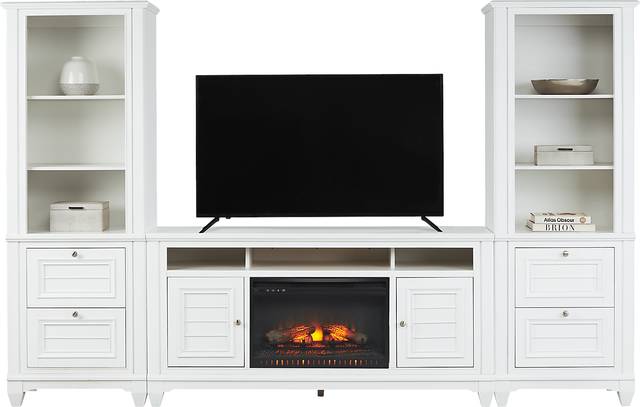 Hilton Head White 4 Pc Wall Unit with 66 in. Console and Electric Log Fireplace - Thumbnail - Image 2